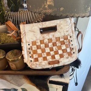 Bed Stu Cream and Tan Woven Leather Shoulder Bag
